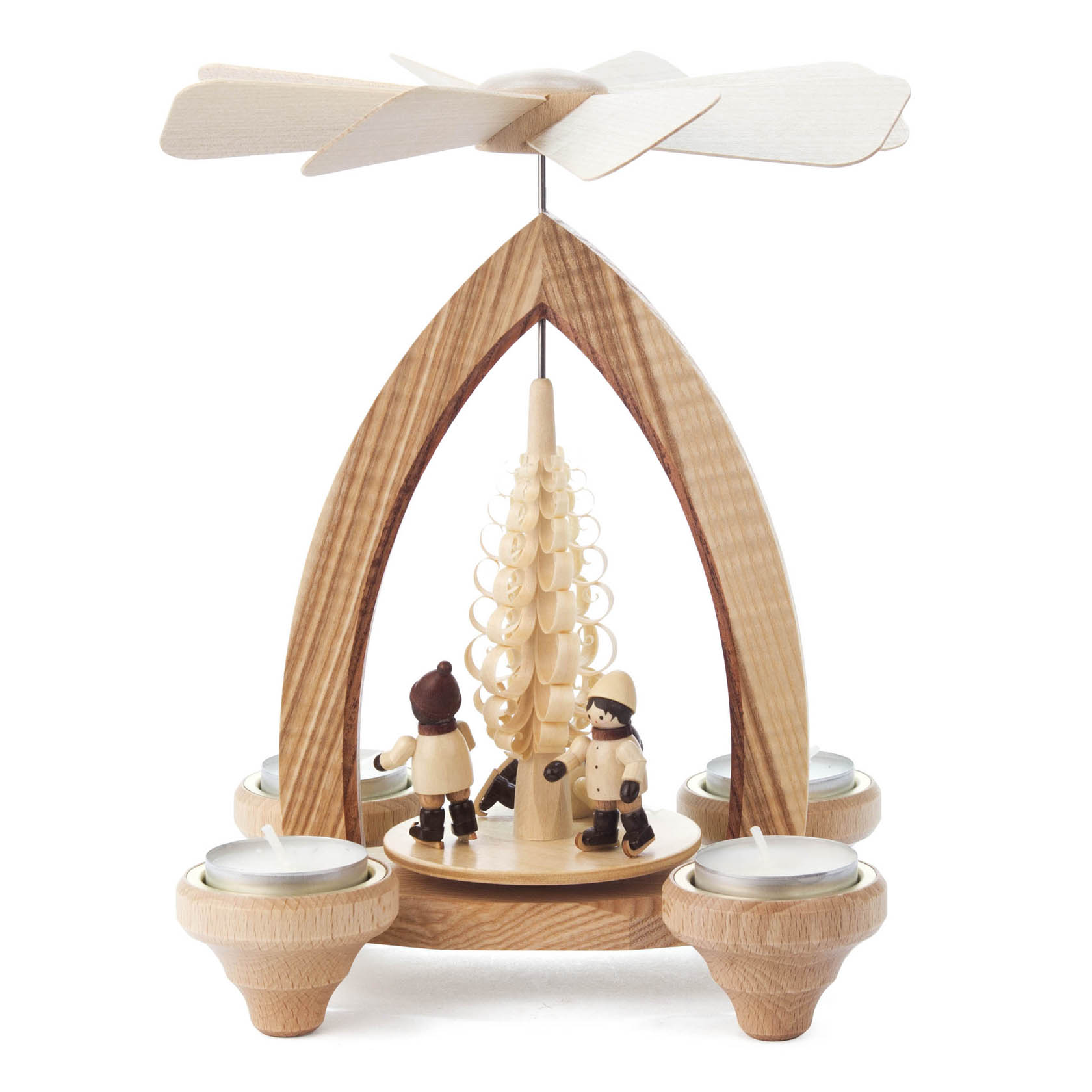 Erzgebirge Pyramide mit Eisläufern, für Teelichte,  Weihnachtspyramide , Höhe ca. 23 cm