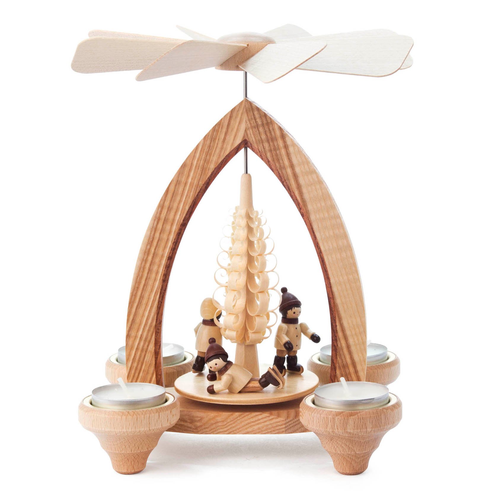 Erzgebirge Pyramide mit Eisläufern, für Teelichte,  Weihnachtspyramide , Höhe ca. 23 cm