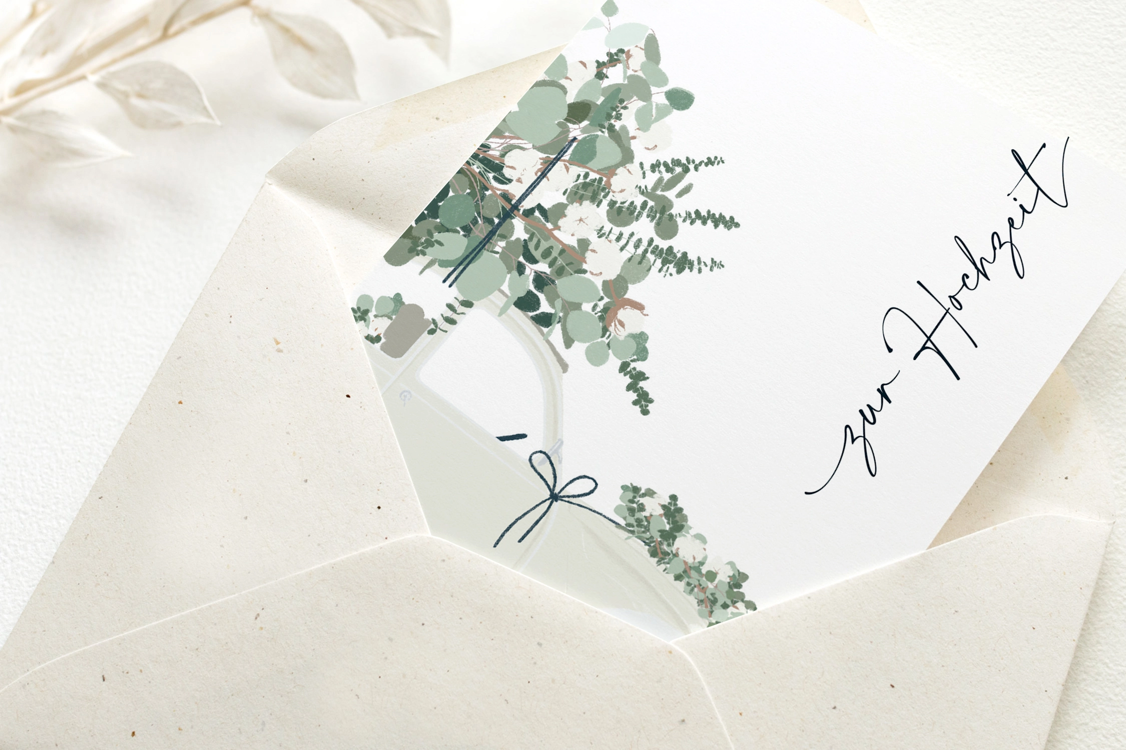 Klappkarte mit Umschlag zur Hochzeit Auto mit Blumen, FSC