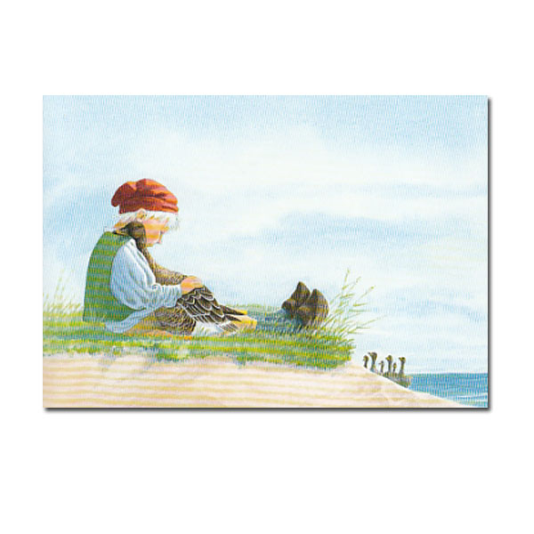Postkarte Nils Holgersson am Meer mit einer Gans