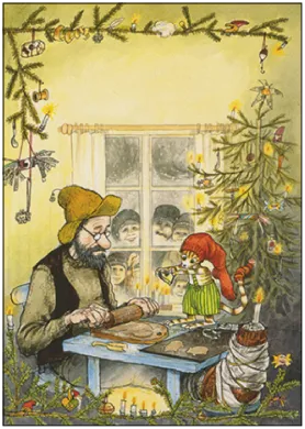 Postkarte Pettersson und Findus, Pettersson bäckt Weihnachtsgebäck