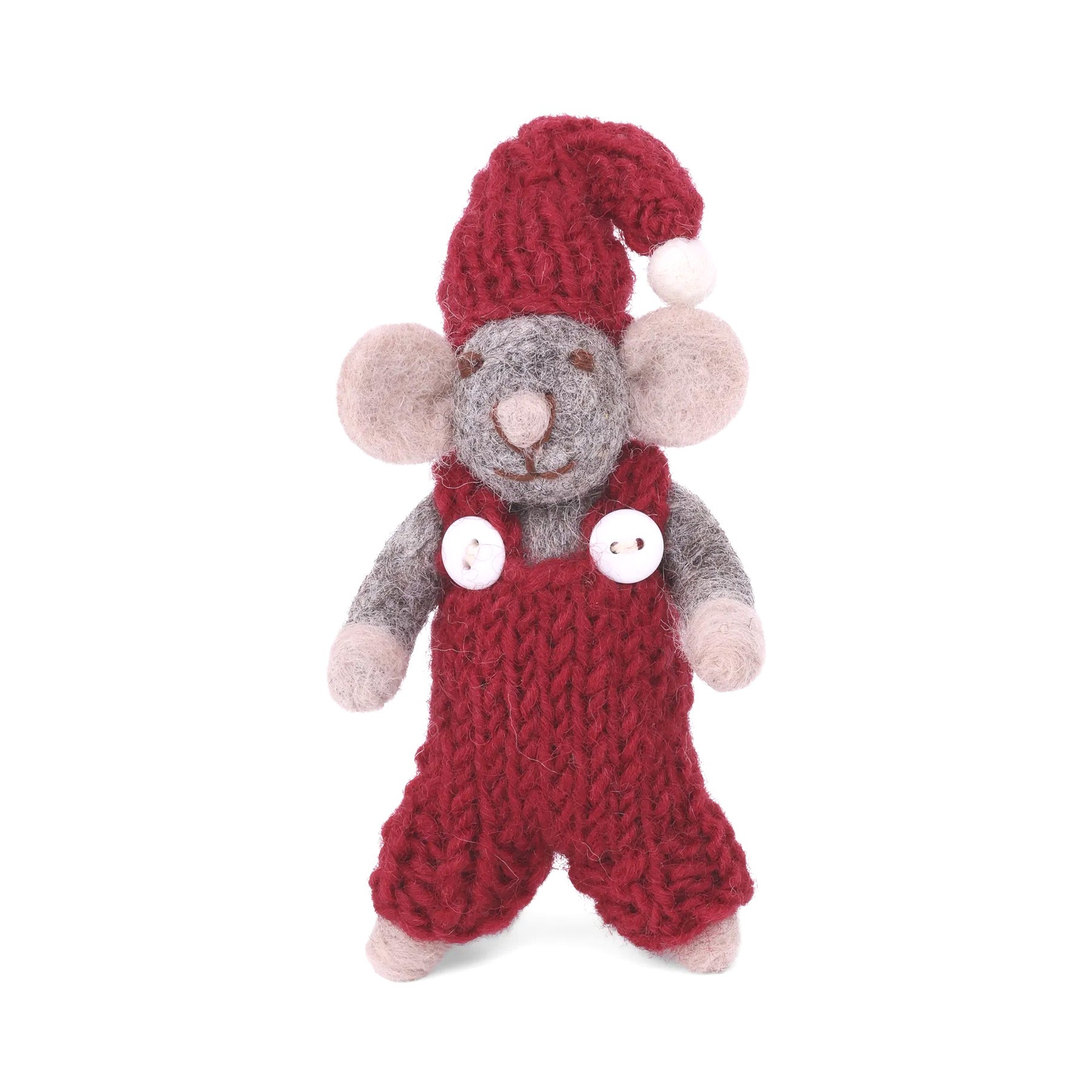 Gry & Sif Filz Weihnachtsmaus mit  roter Latzhose,  ca.12 cm, Grey Mouse w/Red Pants