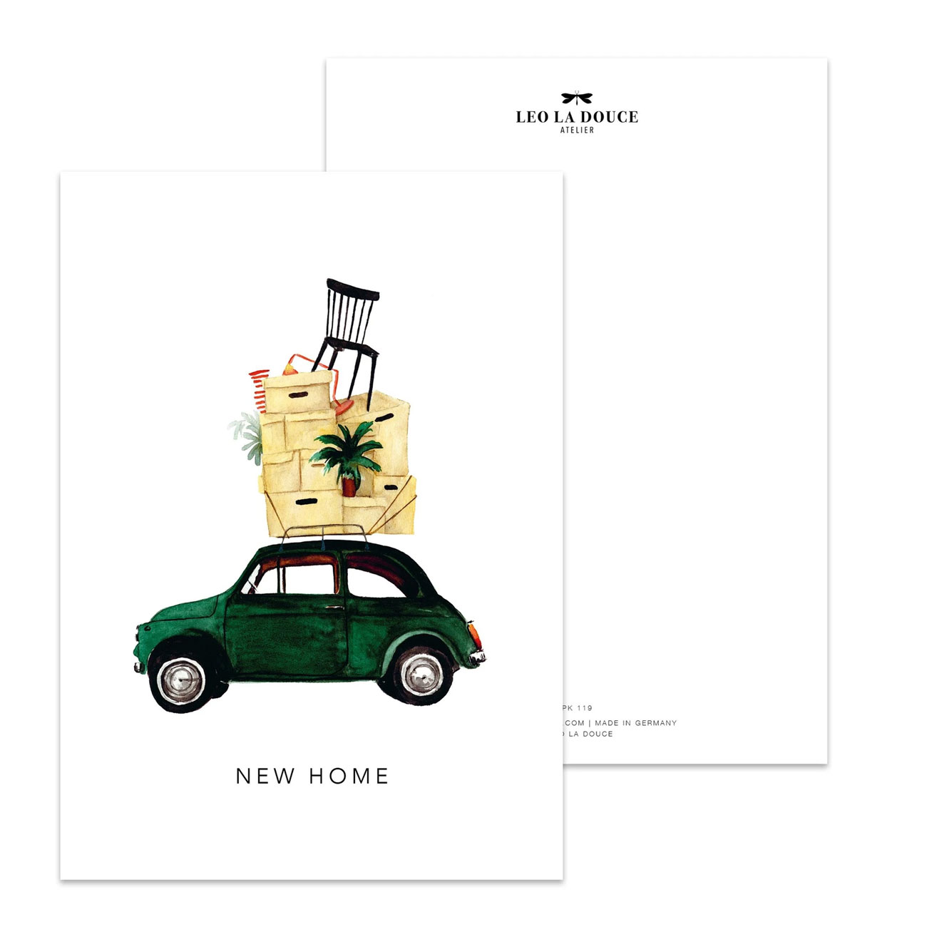Leo la Douce Postkarte – NEW HOME von Leo la Douce, Auto, Umzug, Neues zuhause