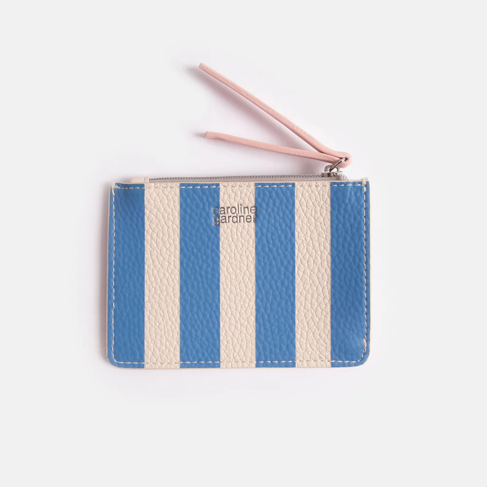 Caroline Gardner Blue Stripe Short Patch Purse, kleiner Geldbeutel, Streifen Blau-Creme