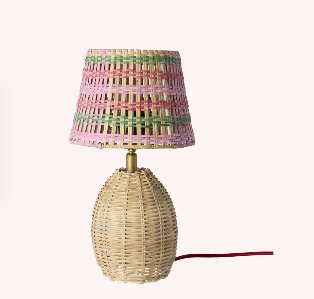 Rattan Tischlampe  rosa Streifen, klein,  Höhe ca. 25 cm, Rattan Table Lamp in Pinkish Stripes - E27 Socket and 2-pin Plug - Small