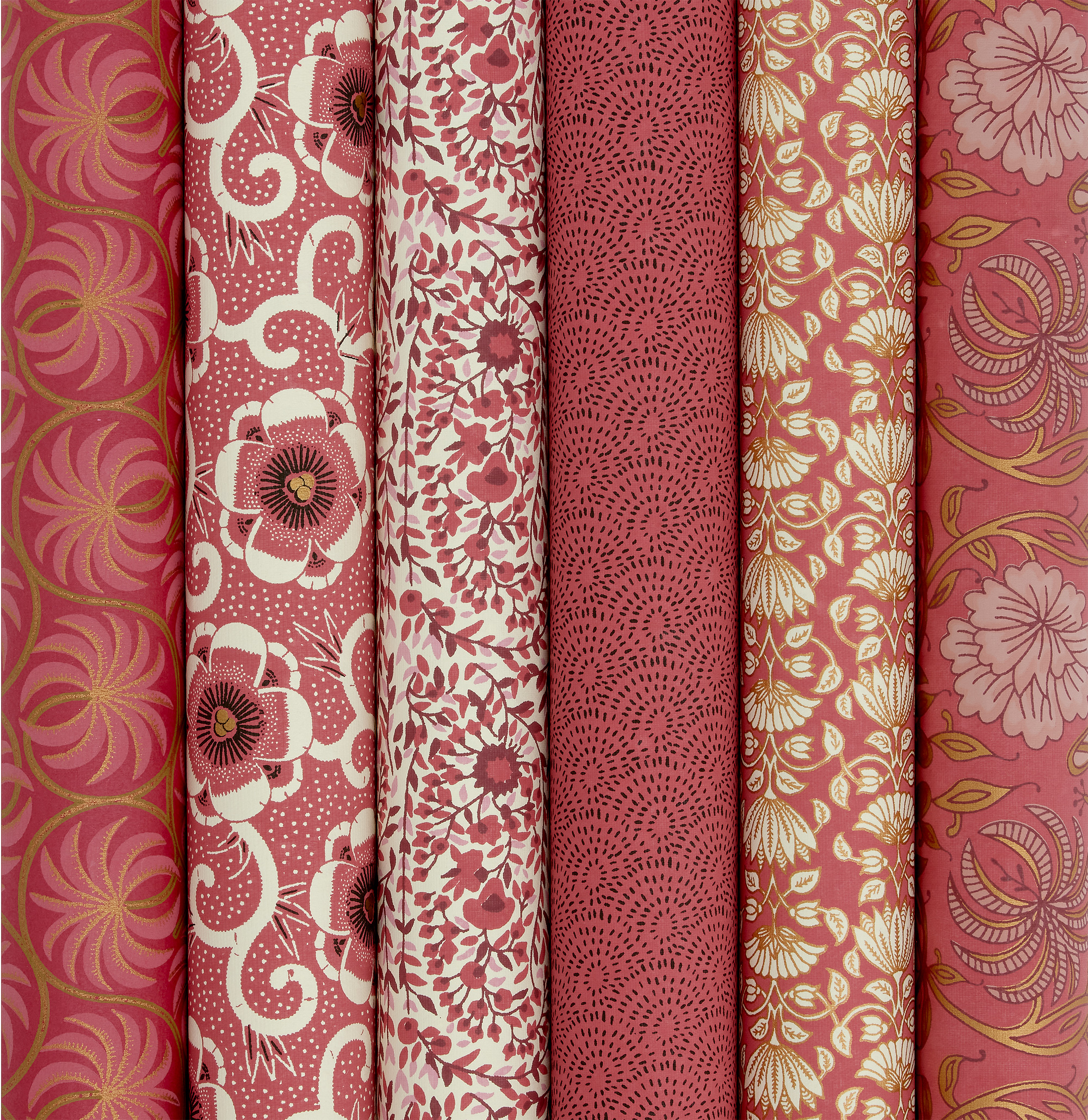 Bungalow handbedruckte Papierbögen/ Geschenkpapier KOLLAM ruby, 6 verschiedene Bögen im Set , ca. 55 x 75cm  