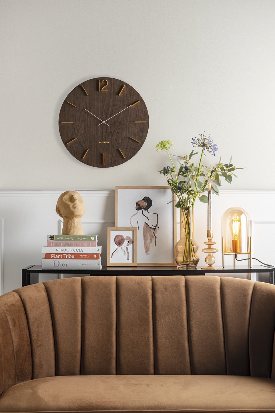 % Wanduhr MEEK, Dunkles Holz, D.  ca. 50 cm , Ziffernblatt Messing, Uhr