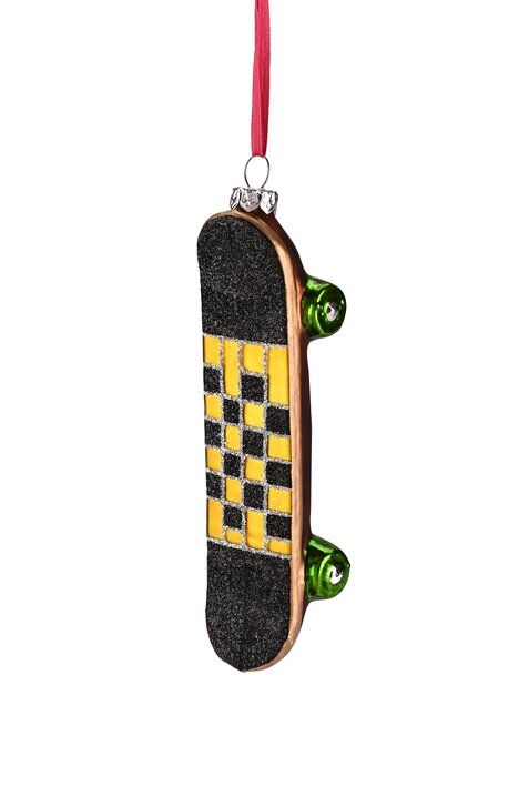 Weihnachtskugel Skateboard, schwarz/gelb, Glas, ca. 14,5 cm  