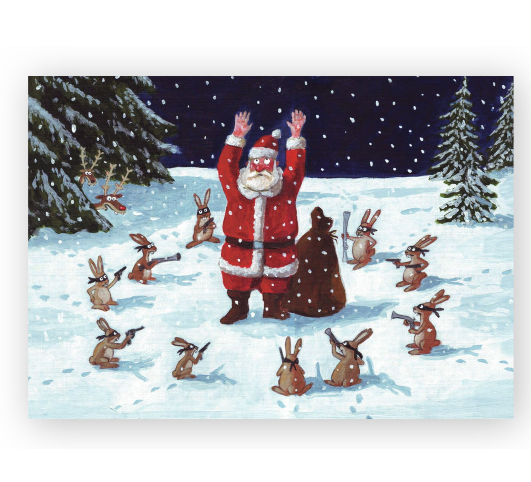 Inkognito Postkarte XMAS Überfall von Josef Hammen, witzige Weihnachtskarte