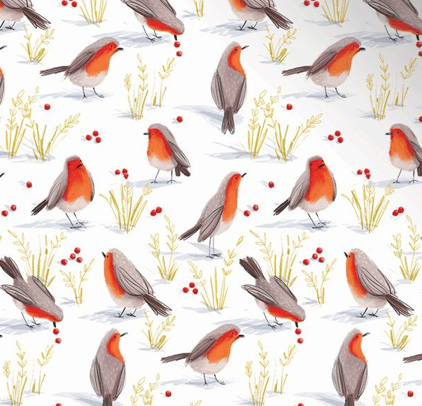 Geschenkpapier Robin Berries DUO ca. 50 x 70 cm, beidseitig bedruckt  , Rotkehlchen