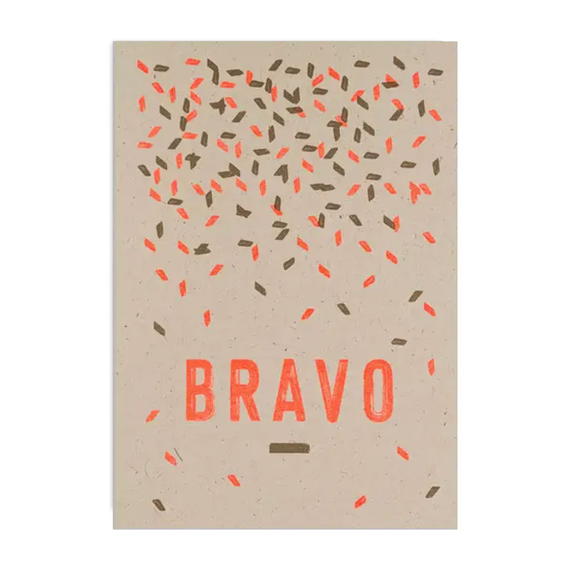 Feingeladen Postkarte TYPO »BRAVO« Konfetti  Glückwunsch,  Neon Orange, RISO handgedruckt 
