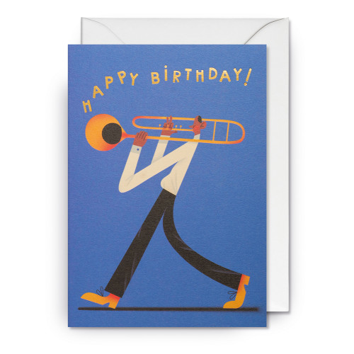 Doppelkarte  "Happy Birthday!"  von Tania Yakunova, Geburtstagskarte, Mann mit Posaune