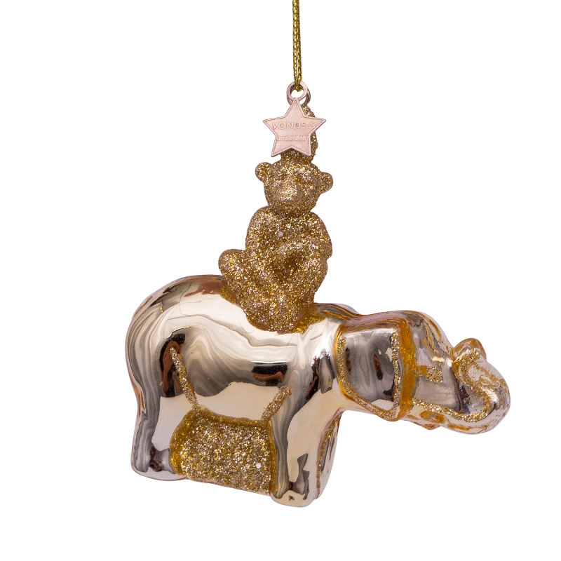 Weihnachtsanhänger Ornament Glas goldglänzend Elefant mit Affe,  H. ca. 9 cm, Glas 