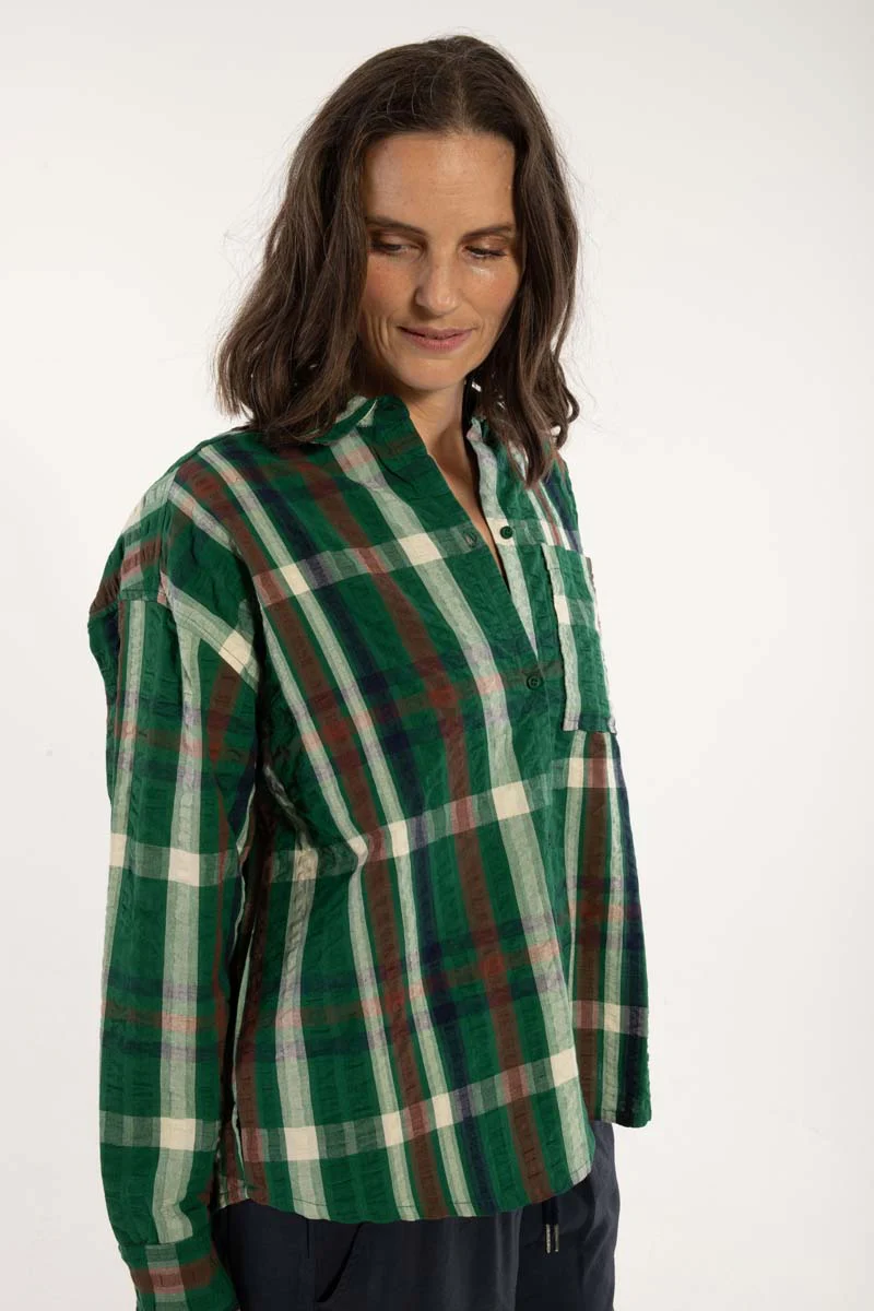 % Danefae Danethyme Seersucker Hemd Dk Pine CHECK