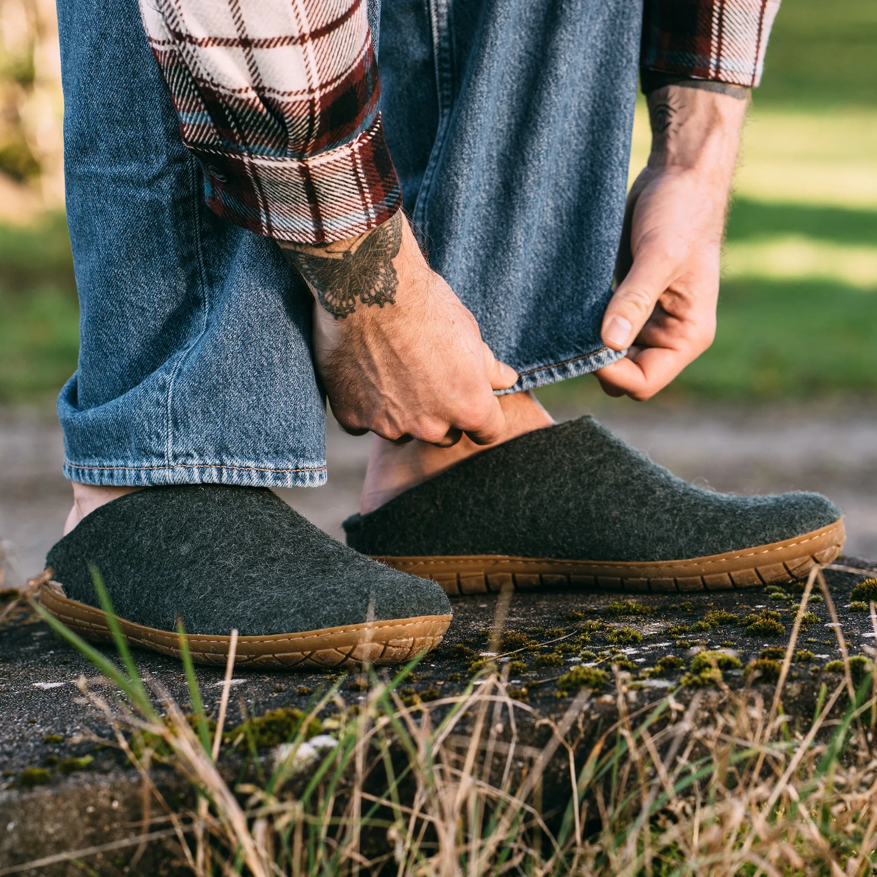 Glerups Open Heel / Slipper 100% Wollfilz , Hausschuhe, Schlappen forest  mit Sohle aus Naturkautschuk 
