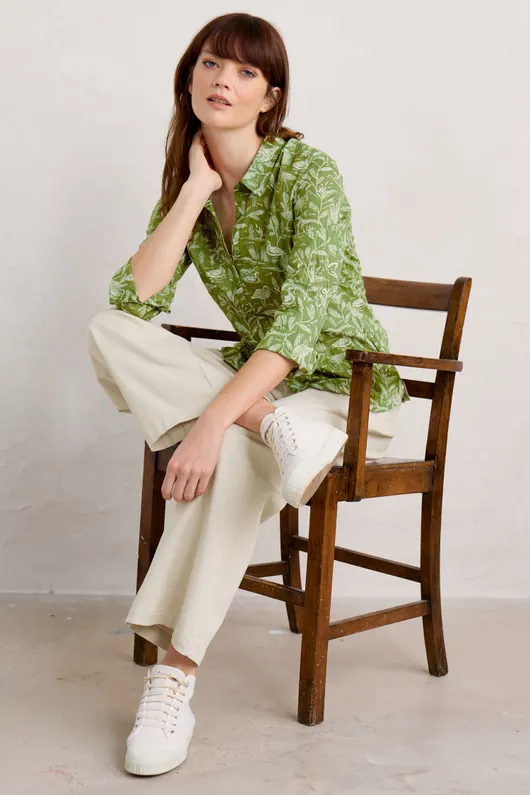 SEASALT Larissa Bluse Organic Cotton Shirt, Muster: Marshland Birds Dark Citron