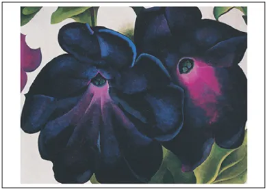 Postkarte Georgia O`Keeffe " Black and Purple Petunias/Schwarze u.violette Petunien, 1925" Kunst