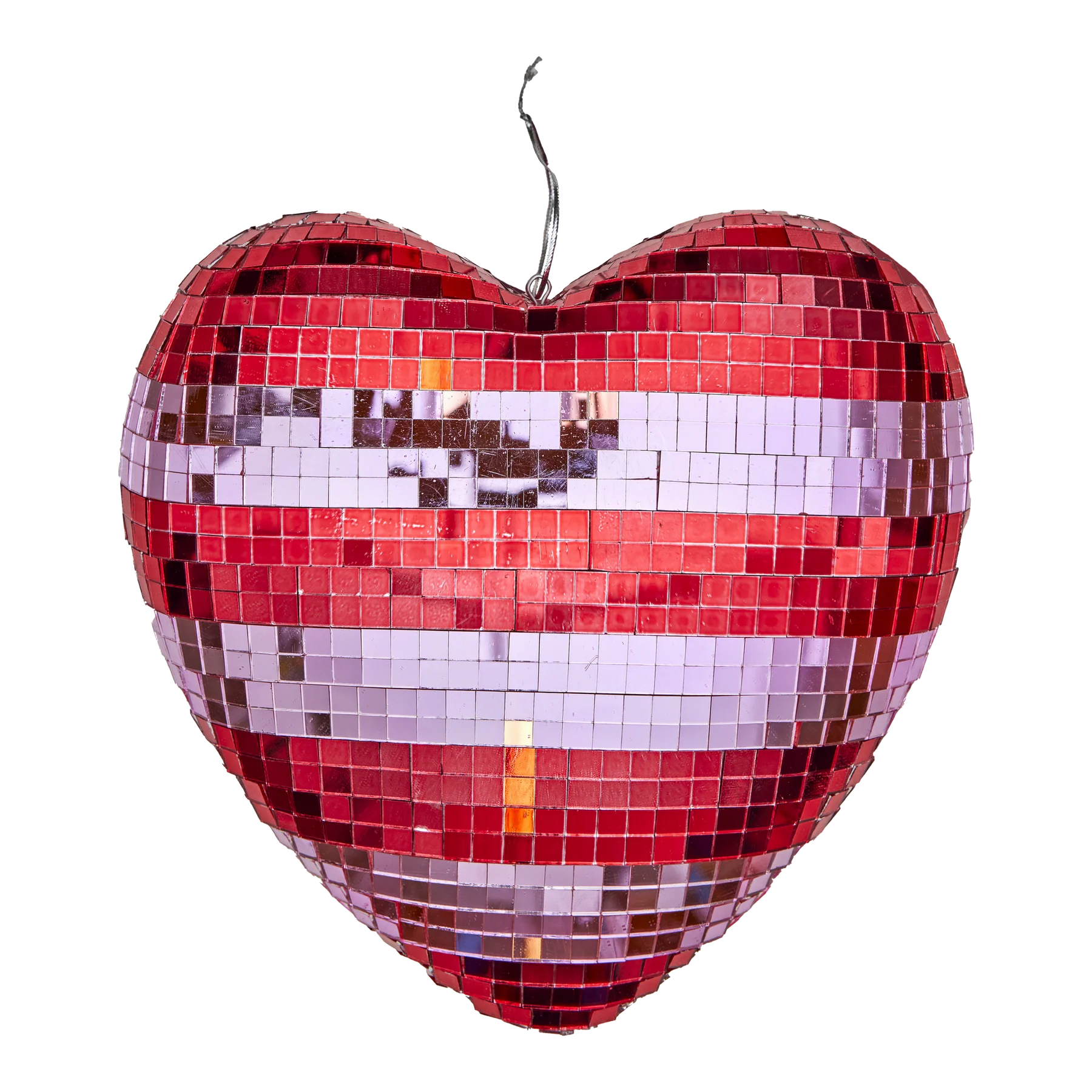 RICE Diskokugel HERZ mit Streifen, Pink, D. ca. 23 cm, Disco Ball in Heart Shape with Red and Pink Stripes - Large