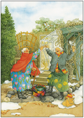 Postkarte Inge Löök "Frauen feiern die ersten Blümchen im Garten"  Löök Postkarte  