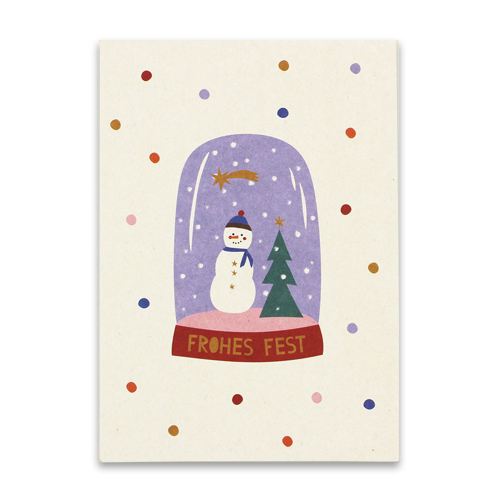 Postkarte Schneekugel Schneemann, bunt – Frohes Fest von Ava & Yves  