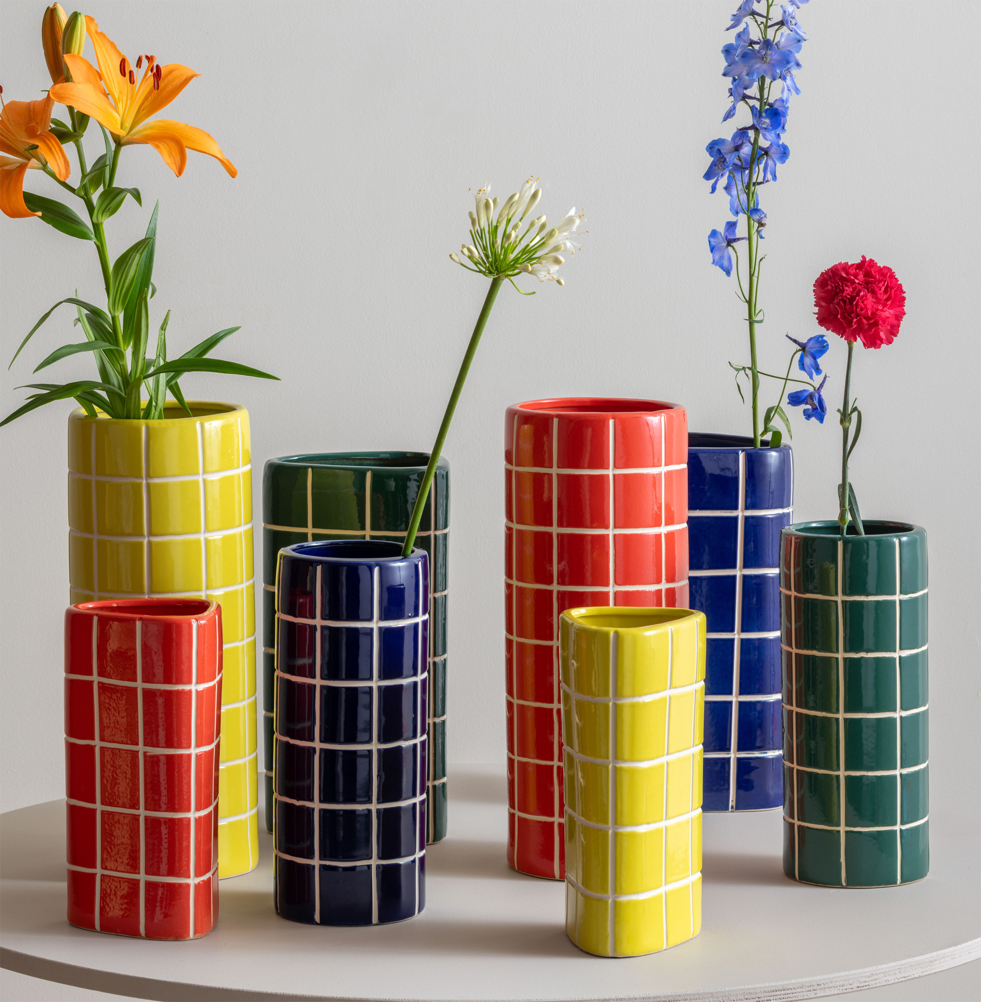 Vase Retro Fliesen Gelb, Retro Tiles Triangular Medium Höhe 26 cm, D.11,5 cm   