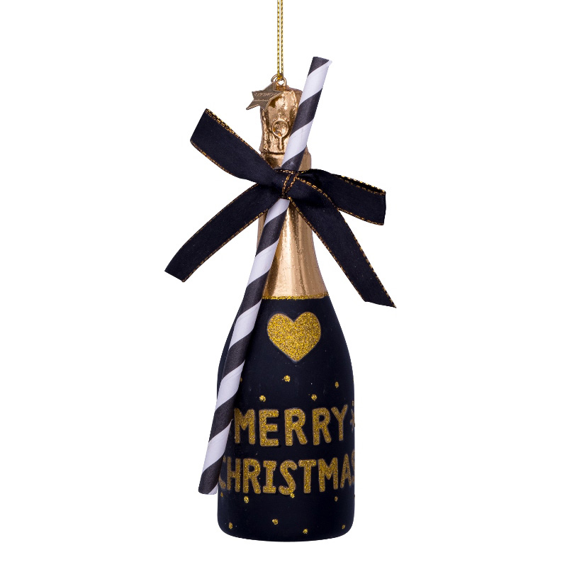  Weihnachtskugel Champagner schwarz mit Röhrchen"Merry Christmas", Schwarz-Gold, Glas,  H. ca. 16 cm