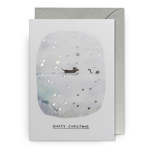 John Bond Doppelkarte "Happy Christmas" Hund & Katze im Schnee, Weihnachtskarte
