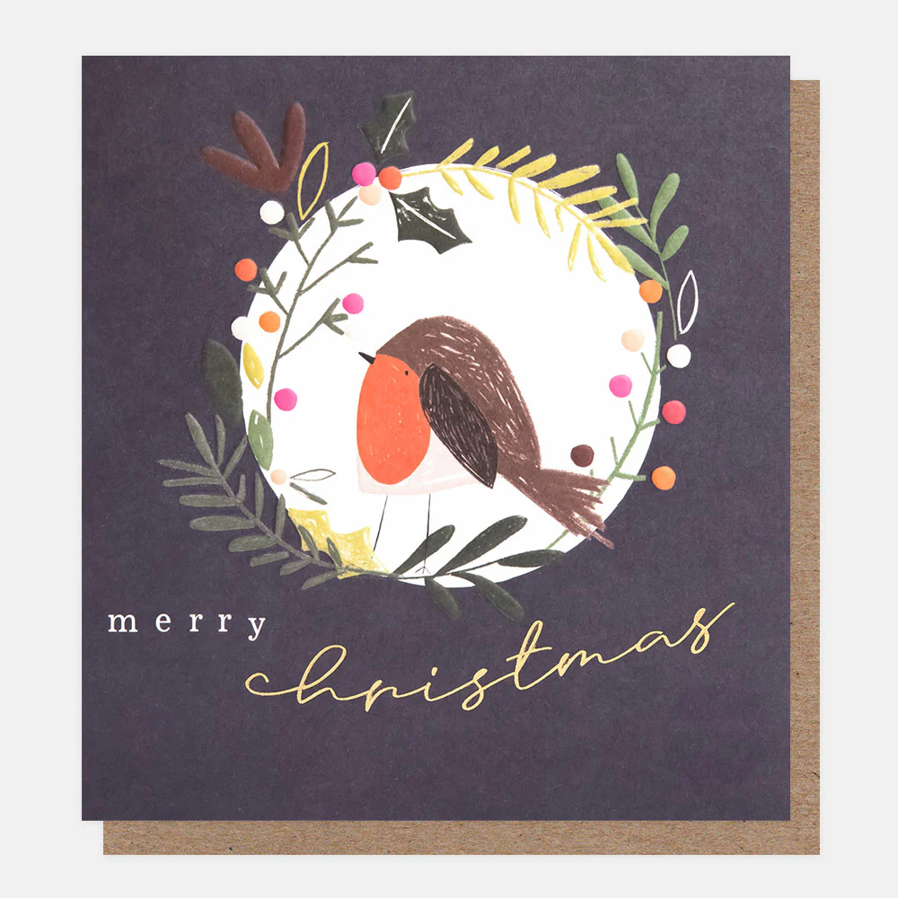 Caroline Gardner Weihnachtskarte "Robin & Wreath" Rotkehlchen