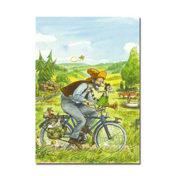 Postkarte  Pettersson und Findus auf Fahrrad