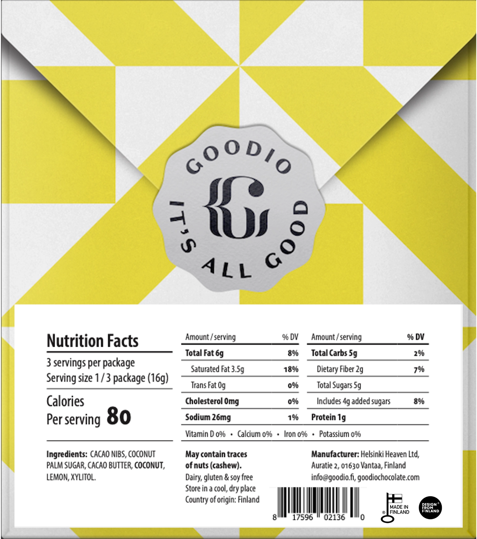 GOODIO Schokolade LEMON/ Zitrone, Limitierte Auflage, 49% (BIO) VEGAN aus Finnland, 48 g  