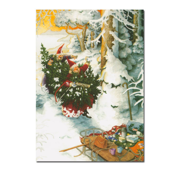 Postkarte Inge Löök " Frauen mit Weihnachtsbaum und Schneegeist "  Löök Postkarte Weihnachten